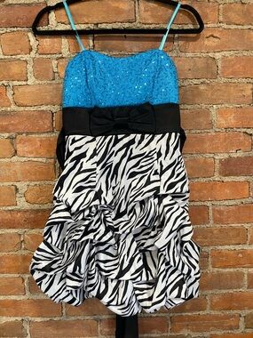 Y2K Vintage Deb Teal Sequin Bodice Zebra Tiered Dress with Black Bow